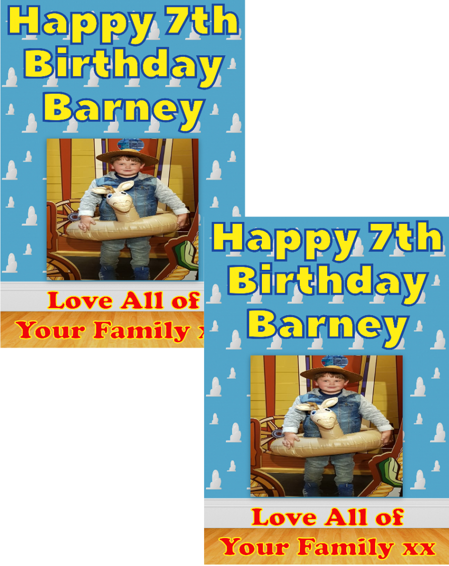 Personalised photo birthday banners and posters themed around Toy Story.  Toy story themed posters and banners for that special birthday. Includes any image uploaded to your posters and banners. Let your birthday party be the talk of the town with these Toy Story themed posters and banners! Plus, you can customize them with any image you want - your options are endless!