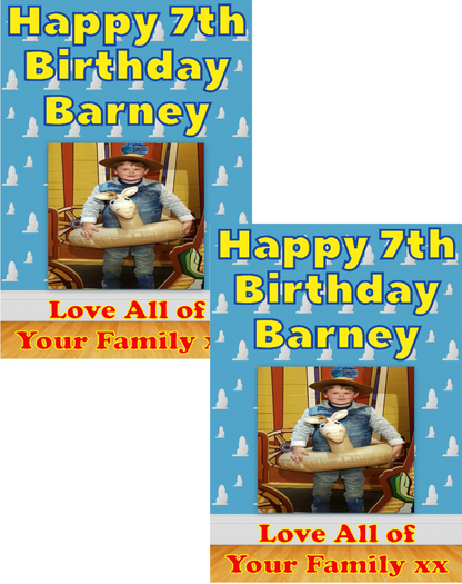 Personalised photo birthday banners and posters themed around Toy Story.  Toy story themed posters and banners for that special birthday. Includes any image uploaded to your posters and banners. Let your birthday party be the talk of the town with these Toy Story themed posters and banners! Plus, you can customize them with any image you want - your options are endless!