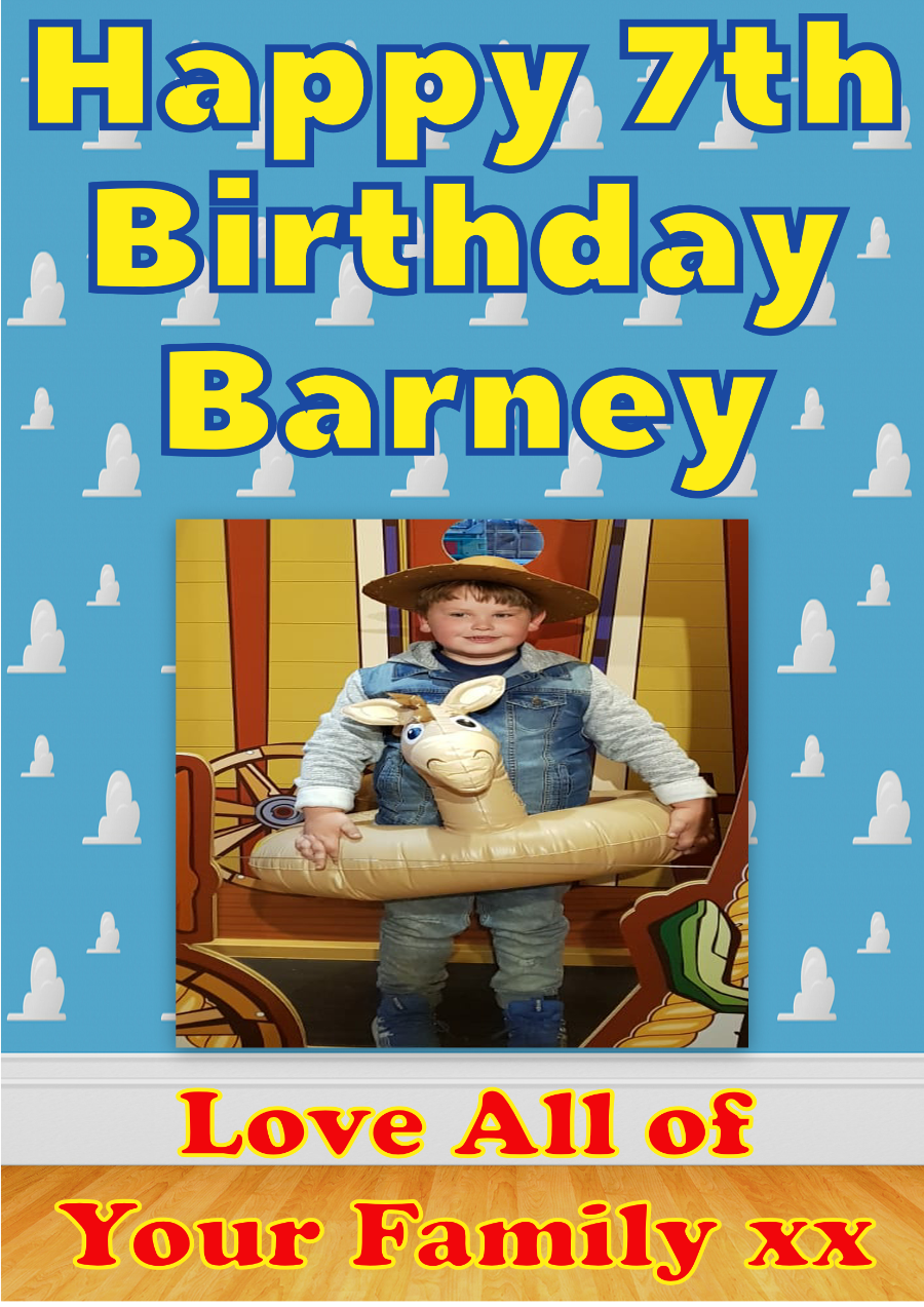 Personalised photo birthday banners and posters themed around Toy Story.  Toy story themed posters and banners for that special birthday. Includes any image uploaded to your posters and banners. Let your birthday party be the talk of the town with these Toy Story themed posters and banners! Plus, you can customize them with any image you want - your options are endless!