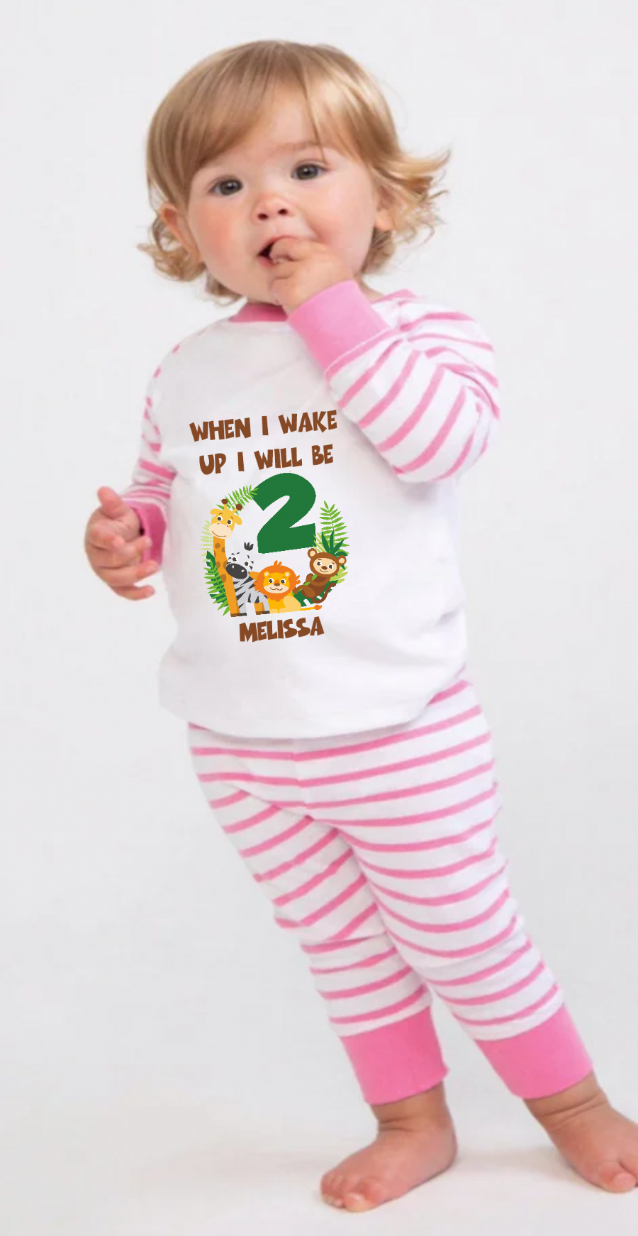 Cute Zoo Animal themed When I Wake Up girls pyjamas for that special birthday. Give your child the gift of cosiness and cuteness for their special birthday. These pyjamas are perfect for the night before there birthday! Not only will your child feel snuggly and warm, but they'll also look adorably stylish in these themed PJ's. No other gift can compete!  Made from 100% Cotton, Sizing from 0-6 Months to 3/4 Years.  Personalisation included Free of Charge.