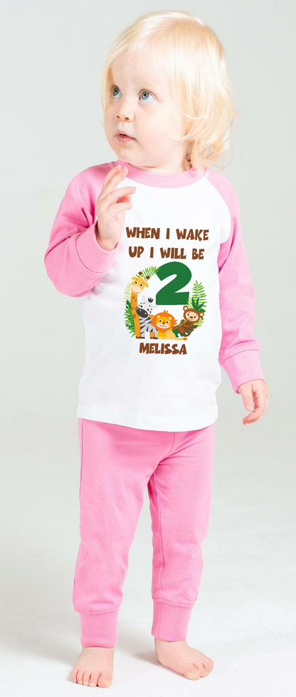 Cute Zoo Animal themed When I Wake Up girls pyjamas for that special birthday. Give your child the gift of cosiness and cuteness for their special birthday. These pyjamas are perfect for the night before there birthday! Not only will your child feel snuggly and warm, but they'll also look adorably stylish in these themed PJ's. No other gift can compete!  Made from 100% Cotton, Sizing from 0-6 Months to 3/4 Years.  Personalisation included Free of Charge.